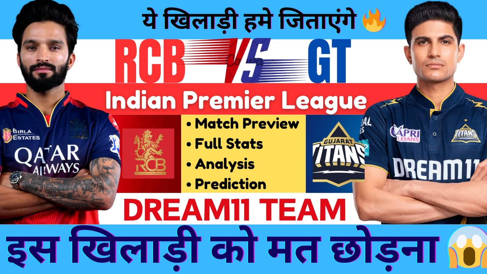 RCB VS GT Dream11 Team, Pitch Report, Playing11, RCB VS GT Dream11 Prediction|