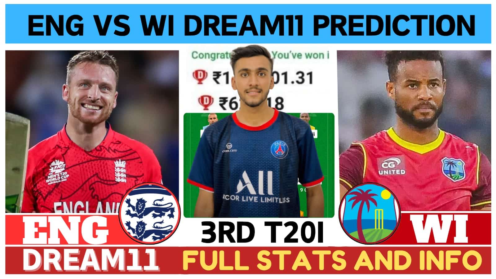 ENG vs WI Dream11 Prediction 3rd T20I Pitch Report, Head To Head, ENG vs WI Dream11 Team